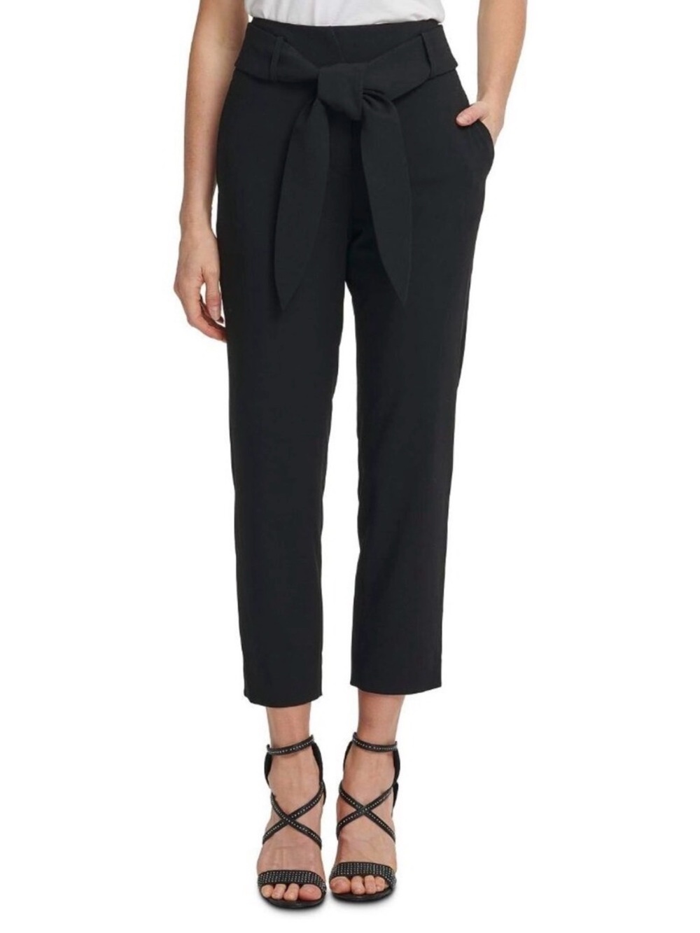 NWT DKNY Nikki Beach Black Paperbag Tie-Waist Trousers, ankle cut